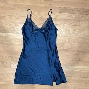 Elegant Navy Blue Lace Trim Slip Dress